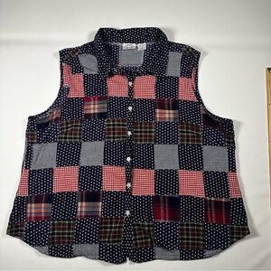 Vintage 90s Carolina Blues Plus Patchwork Patriotic Sleeveless Button Down Top